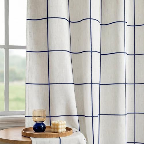 Image of MYSKY HOME Floor to Ceiling 100% Blackout Plaid Linen Curtains 96 Inch Long 2 Panels Set - Farmhouse Double Layer Checkered Patterned Thermal Insulated Grommet Top Drapes, 52 inch W Each Panel, Navy Blue