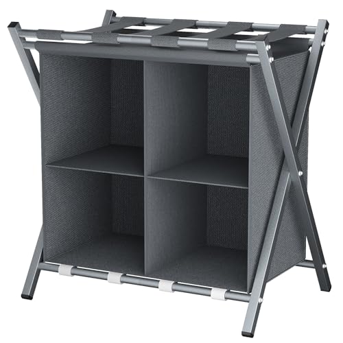 Support de valise, porte-bagages, porte-bagages pliable, avec compartiments de rangement, pour chambre d'amis, chambre à coucher, hôtel, bagages (gris)