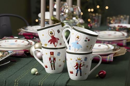Lenox Coffee Mugs, Set Of 4 Nutcracker Ballet 13 Oz Coffee Mugs, Porcelain Material with Gold Accents, Dishwasher and Microwave Safe, Assorted Nutcracker Design, Christmas Decorations (13 Oz, 4 Piece)
