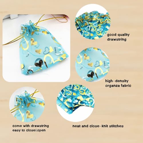 Image of QIANHAILIZZ 100 pcs 3.5 x 4.7 Inch Flower Heart Organza Jewelry Gift Pouch Candy Pouch Drawstring Wedding Favor Bags X92 (turquoise gold heart)