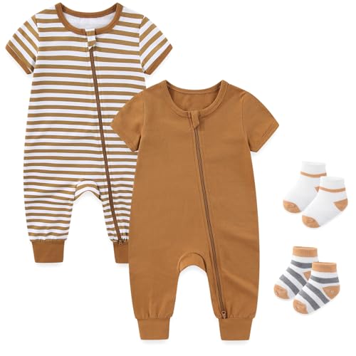 Image of falianni Baby Boy Girl 2-Pack Rompers with Socks 0-18M Toddler Unisex Zipper Short Sleeve Jumpsuits Clothes