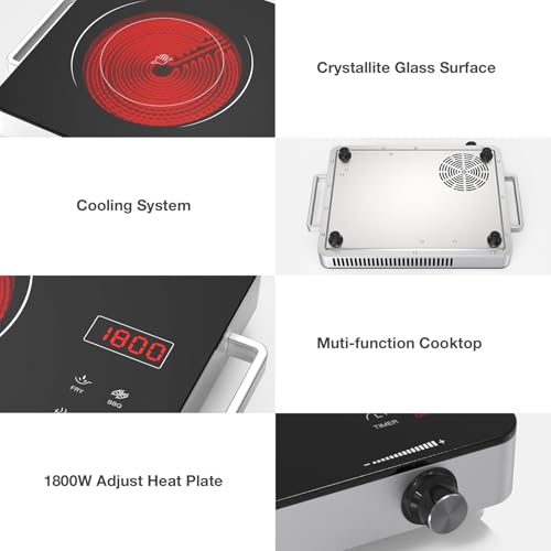 Portable Electric Cooktop 110V, 1800W Electric Stove Infrared Hot Plate with Knob Control, Nafewin Single Burner Countertop Burner with Handle, 4-Hours Timing Setting, Compatible for All Cookwares - Image 6