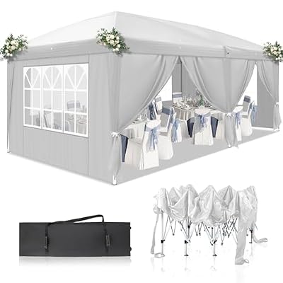 DOINUO 10x20 White Pop Up Canopy Tent Heavy Duty with 6 sidewalls Commercial Outdoor Party Tent Event Wedding Tents Instant Canopy Gazebo with Carry Bag UPF 50+ Waterproof Adjustable Height