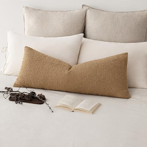 Image of Foindtower Decorative Textured Boucle Throw Pillow Covers Accent Solid Pillow Cases Neutral Long Body Lumbar Couch Cushion Case for Chair Sofa Bedroom Living Room Home Decor 14x36 Inch,1PC,Tobacco