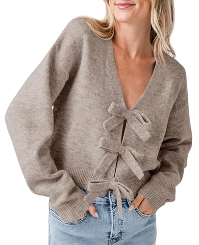Saodimallsu Womens Bow Sweater Cropped V Neck Long Sleeve Fall Cozy Knit Loose Trendy Pullover Sweaters3