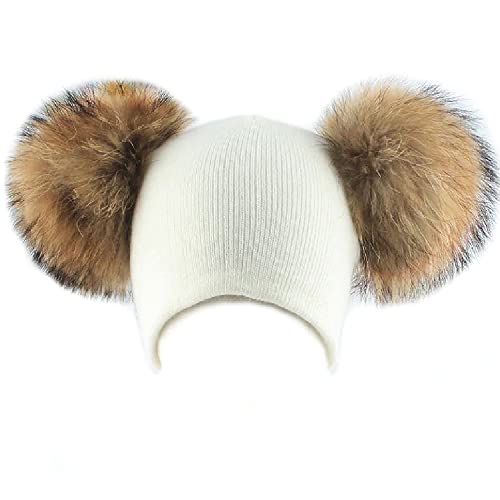 Brillabenny Bonnet double PON PON fourrure véritable bonnet pour femme Luxueux Hat cap Luxury, Blanc beige., Taille Unique Cover