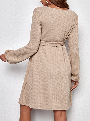 Oyoangle Women's Maternity Lantern Sleeve Belted Straight Hem Elegant Short Dress For Casual Wear Apricot M #TOP1