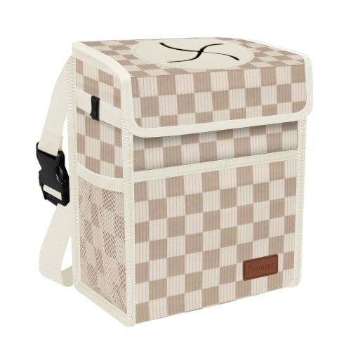 Image of Femuar Leak Proof Car Trash Can with Lid, Collapsible Hanging Waterproof Car Trash Bag with Mesh Pocket for SUV Front Seat Headrest, Beige Brown Plaid