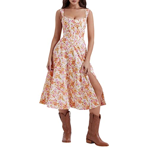 Image of Women's Puff Sleeve Split Maxi Dress Square Collar Ruffle Floral Boho Dresses Cottagecore Backless Sundress