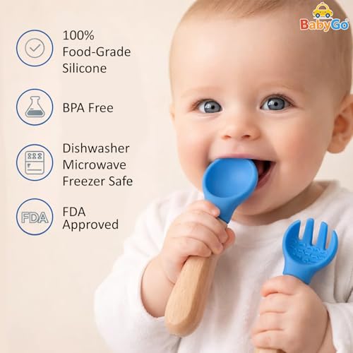 Image of BabyGo Silicone Suction Plate with Spoon for Babies | Microwave, Dishwasher & Freezer Safe | Unbreakable Feeding Plate with 4 Suction Cups for Babies & Toddlers | BPA-Free (Blue)