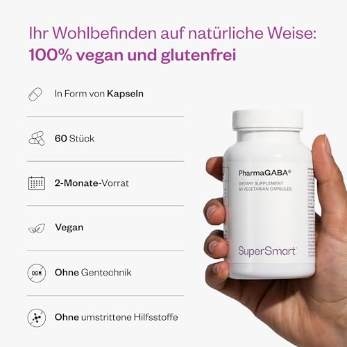 PharmaGABA – Anti-Stress – Hilft Stress und Angst zu reduzieren – Hemmender Neurotransmitter für das Zentrale Nervensystem (ZNS) – Gamma-Aminobuttersäure – Vegan – SuperSmart