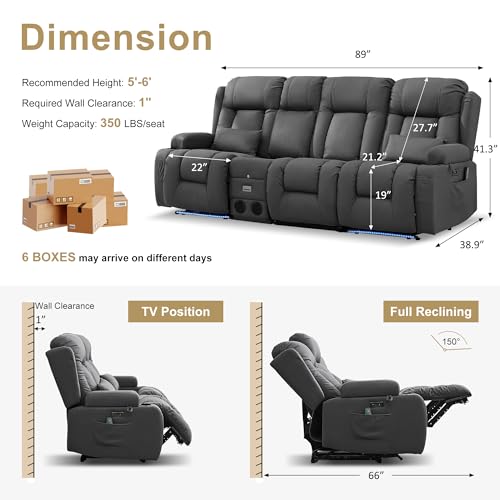 Image of URRED Power Loveseat Recliner Sofa with Massage and Heat, Wall Hugger Reclining Loveseat with Console, RV Couch Home Theater Seating with LED Lights for Living Room (Gray, 89.8 inch - 3 Seats)