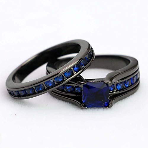 TWO RINGS His Hers Wedding Ring Sets Couples Rings Women's Black Gold Plated Blue Sapphire CZ Wedding Engagement Ring Bridal Sets & Men's Titanium Wedding Band4
