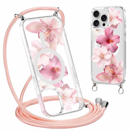 Coalbooliy Handykette Handyhülle für iPhone 15 Pro mit Band Cover Kompatibel mit Magsafe, Transparent Aesthetic Sommer Blume Muster Rosa Cover mit Kordel zum umhängen Case Kameraschutz Stoßfest, 10