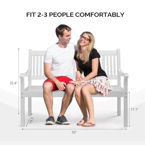 Image of VINGLI 50 inch Outdoor Wood Bench, Weatehr Resistant Wooden Garden Patio Bench with Comfortable Backrest & Curved Armrest, 800lb Capacity Loveseat for Front Porch Park Yard Deck (White, Dense Slatted)