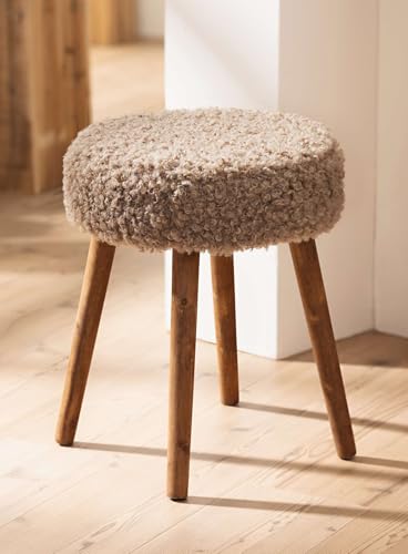 Dekoleidenschaft Hocker Schaffell aus Holz & Kunstfell, Ø 35 x 45 cm, Sitzhocker, Polsterhocker, Fußhocker
