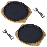 2 Set Sizzling Steak Plates, Iron Steak Plate with Wooden Tray and Heatproof Clip, Round Fajita Plate for Grilling and Teppanyaki, Easy to Clean