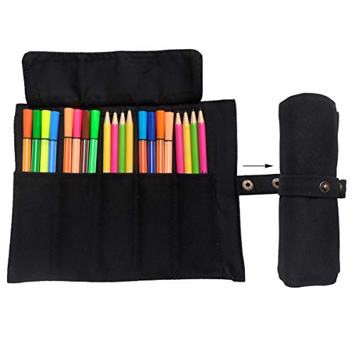 Enyuwlcm 789456BD10 Canvas Stationery Handmade Foldable Rollup Pencil Case Travel Pen Holder Wrap Black thumb #2