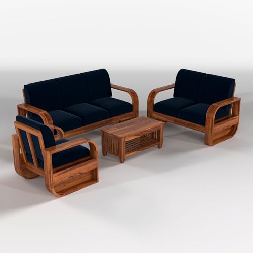 Image of Solid Sheesham Wooden 6 Seater Sofa Set with Coffee Table with Blue Cushion for Living Room Furniture - Honey Finish (3+2+1)
