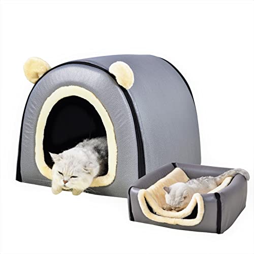 Image of Cat Bed or Dog Bed,2 Ways to Use,Indoor Pet House with Fluffy Mat,Removable and Washable Cover,Splash-Proof House and Non-Slip Bottom,for Cats and Small Dogs(S Grey Faux Leather)
