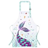 👩DISEÑO UNICO: Bonito delantal infantil con motivos sirena, burbujas, plantas acuáticas, conchas, estrellas mar, especialmente trajes para niñas amantes sirenas. Nuestro delantal con pechera mágico, hace que los niños interesen.