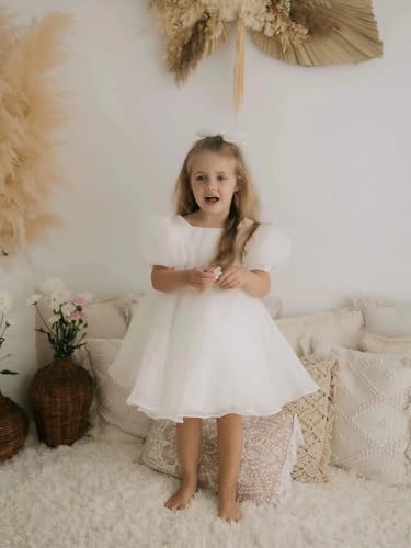 Tulle Flower Girl Dress for Wedding Kids Puff Sleeves Satin Short Princess Pageant Dress Bowknot Prom Ball Gowns2