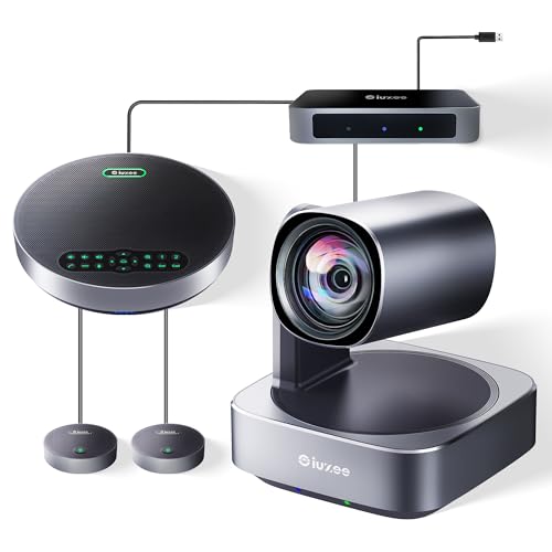 All-in-One PTZ 4K Video Conference Room Camera System with Bluetooth Speakerphone 2 Expansion mics 12X Optical Zoom HDMI Wide View Angle Lens Works with Zoom Webex for Large Meeting Room