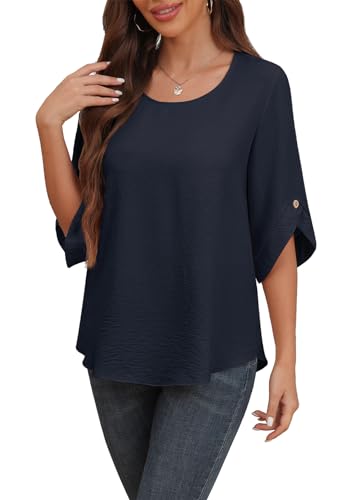Askyes Women’s Chiffon Shirts 3/4 Sleeve 2025 Fashion Formal Blouses Summer Loose Fit Blouse Tops,Navy Blue,2XL