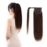 Ponytail Extensions Real Human Hair Clip in 14 inches 60g Dark Brown Color Straight Drawstring Warp Around Ponytail Hair Piece Remy Human Hair for Women (14