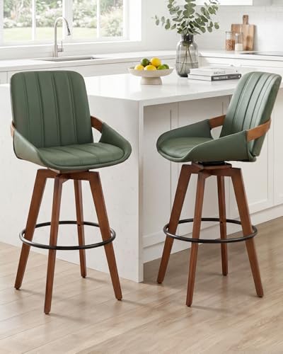 Image of AQG Green Bar Stools 30 Inch Leather Bar Height Stools with Backs, Mid Century Modern Swivel Bar Chairs, Upholstered Barstools Wood Frame for Kitchen Island