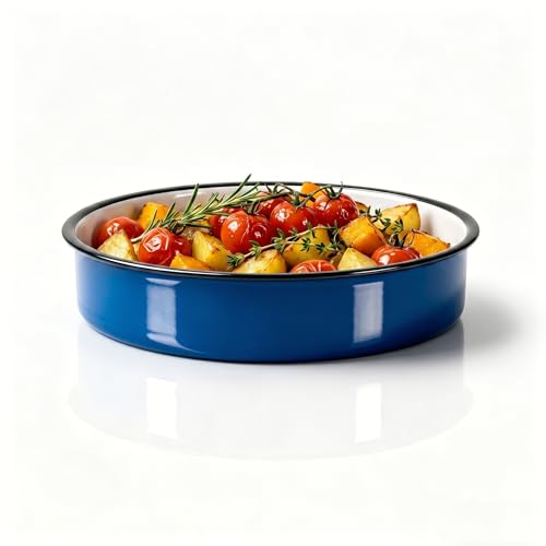 12 Inch Enamel Roasting Pan for Induction Cooktops - Heavy Duty Round Baking Pan for Thanksgiving Turkey Christmas Ham Lasagna & Pizza Dishwasher Safe Oven Broiler & Stovetop Pan