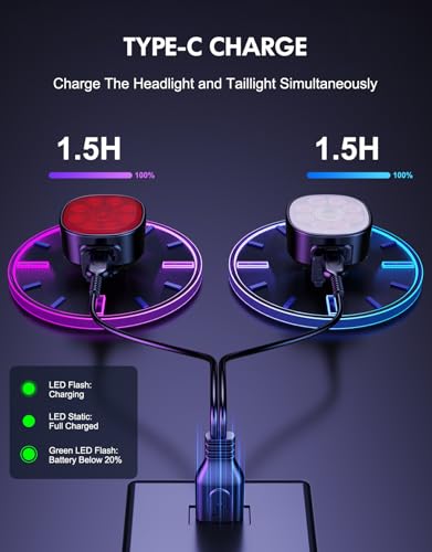 Image of Cuvccn Bike Lights Super Bright, Rechargeable Bicycle Lights Set Multiple Modes, Waterproof Bike Lights for Night Riding /Cycling Safety, Front and Back Bike Reflectors Light, Long Battery Life