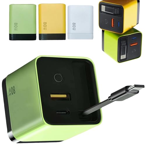 Caricabatterie GaN 3 in 1, Modulo di Ricarica Rapida Scalabile Max 80W con Cavo Retrattile Tipo-C e 2 Porte USB, Compatibile con iPhone, Android, Smartphone, Tablet e Laptop, Carica 3 Dispositivi