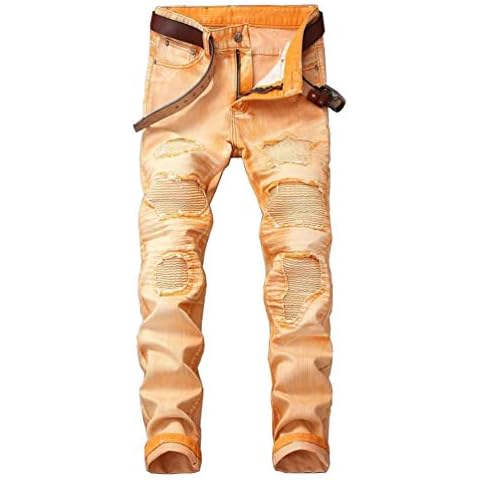 TieNew Vintage Relaxed Distressed Jeans,Fashion Trend Personality Destroyed Ripped Denim Jeans, Skinny Slim fit Biker Jeans for Men Orange Cover