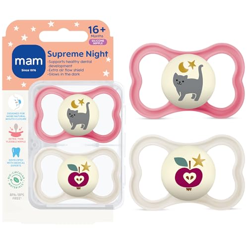 Image of MAM Supreme Baby Premium Pacifier, Newborns 16+ Months, Developed with Orthodontists, Extra Air Flow for Sensitive Skin, Glows in The Dark, BPA-Free Silicone, Sterilizer Case, 2 Pack, Made in Europe