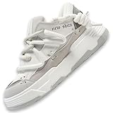 NEW SHITA Women’s Faux Leather Fashion Platform Chunky Sneakers Lightweight Breathable Height Increasing Unisex Casual Walking Tennis Running Shoes (FK2306, White Grey, Size 41)