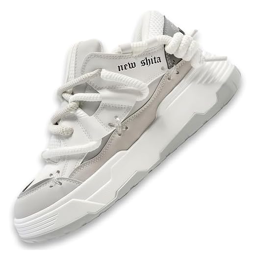 NEW SHITA Tênis feminino de couro sintético, moderno, plataforma, grosso, leve, respirável, aumento de altura, unissex, casual, caminhada, tênis de corrida, Branco, cinza, 9.5 Women/8 Men
