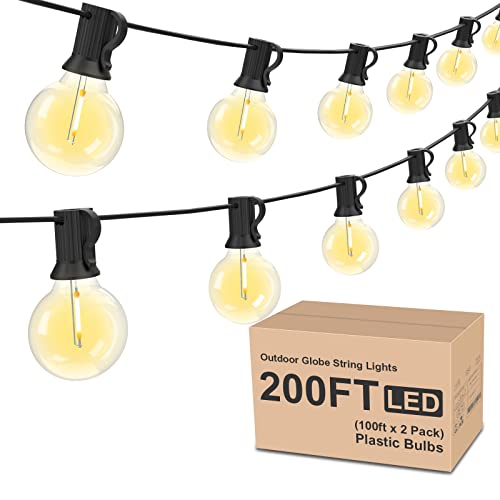 Outdoor String Lights 200ft, 2 Pack 100ft G40 Led Patio Lights with 52pcs Plastics Bulbs,Waterproof Shatterproof Dimmable Globe Outside Hanging Lights for Patio Cafe Bistro Backyard Gazebo