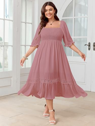 Image of SCOMCHIC Women's Plus Size Boho Maxi Dress Short Sleeve Square Neck Smocked Flowy A-Line Lace Trim Wedding Guest Dresses