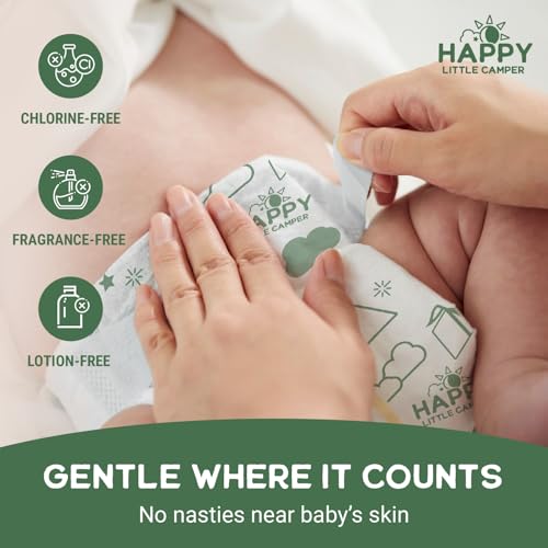Image of Happy Little Camper Premium Ultra-Thin Diapers, Size 6, 35+ lbs, 50 Count | Ultra-Absorbent Disposable Baby Diapers for Sensitive Skin | Hypoallergenic, Fragrance-Free, Totally Chlorine Free