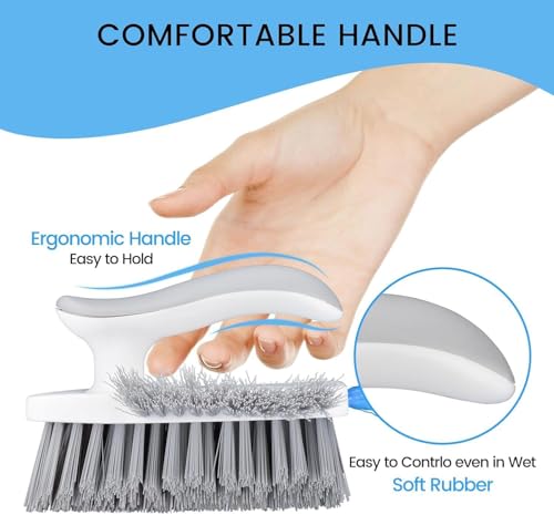 Image of UCRAVO White 4 in 1 Tile Brush,Floor Scrub with Squeegee, Cleaning Brushes with Comfort Handle, Floor Scrub Brush for Hardwood, Corners, Kitchen, Tile Joint, Bathroom, Sink, Window.