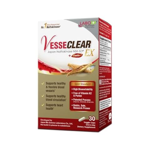 LABO Nutrition VesseCLEAR EX: Nattokinase NSK-SD+Elastin F for Clean & Flexible Blood Vessel. Japan's Most Research Proven, Functional Dose, Acid-Resistant/Delayed Release Capsules Cover