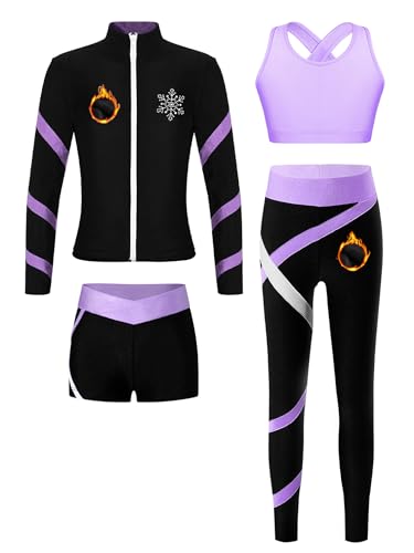 TiaoBug Kids Girls Yoga Tracksuit 4 Pcs Sportwear Long Sleeve Fleece Jacket Tank Tops Tights and Short Outfits