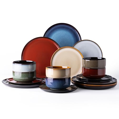 Image of LeRatio Ceramic Dinnerware Sets for 6,Porcelain Plates and Bowls Sets,Handmade Reactive Glaze Dishes Set,Chip Resistant and Scratch Resistant | Oven&Dishwasher & Microwave Safe)-Colorflu(18PCS)