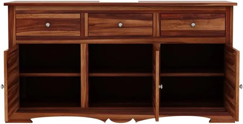 Image of Solid Sheesham Wood Sideboard Cabinet Storage with 3 Door & 3 Drawer Wooden Storage Organizer Cabinet for Home Kitchen Living Room Bedroom Hallway Dinning | Natural Honey Finish | Pre-Assembled