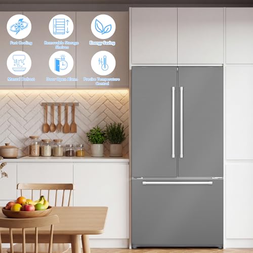 Image of Electactic 20.3 Cu. Ft. French Refrigerator, 3-Door French Door Refrigerator with Built-in Ice Maker, Digital Temperature Control with Bottom Mount Freezer Drawer for Kitchen Commercial-Grey