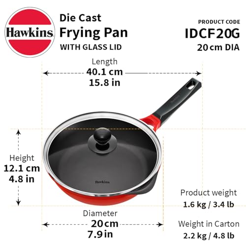 Image of Hawkins 20 cm Frying Pan, Die Cast Non Stick Fry Pan with Glass Lid, Ceramic Coated Pan, Induction Frying Pan, Small Frying Pan, Red (IDCF20G)