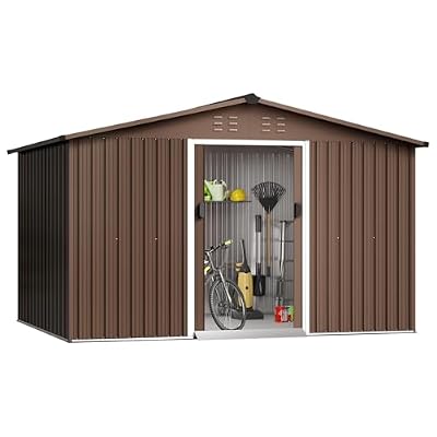 Zstar 12 x 10 FT Outdoor Storage Shed, Waterproof Storage House with Sloping Roof & Lockable Doors, Steel Utility Tool Shed, Large Metal Tool Sheds for Backyard Garden Patio Lawn, Brown