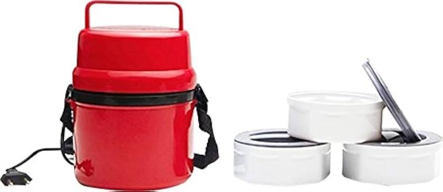 Image of Electric Lunch Box for Office & Travel - 3-Layer Portable Food Warmer Tiffin with Handle, Plug & Shoulder Strap - Leakproof Insulated Electric Tiffin (Multi Color)