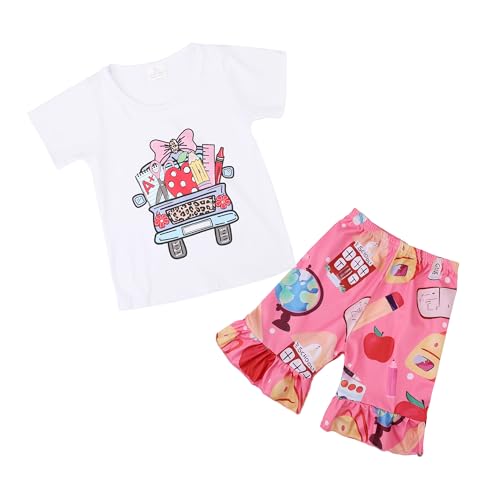 Image of Toddler Girls Back to School Pencil Outfits Set Ruffle T-Shirt Dress and Pants Outfit Set 3-8Years